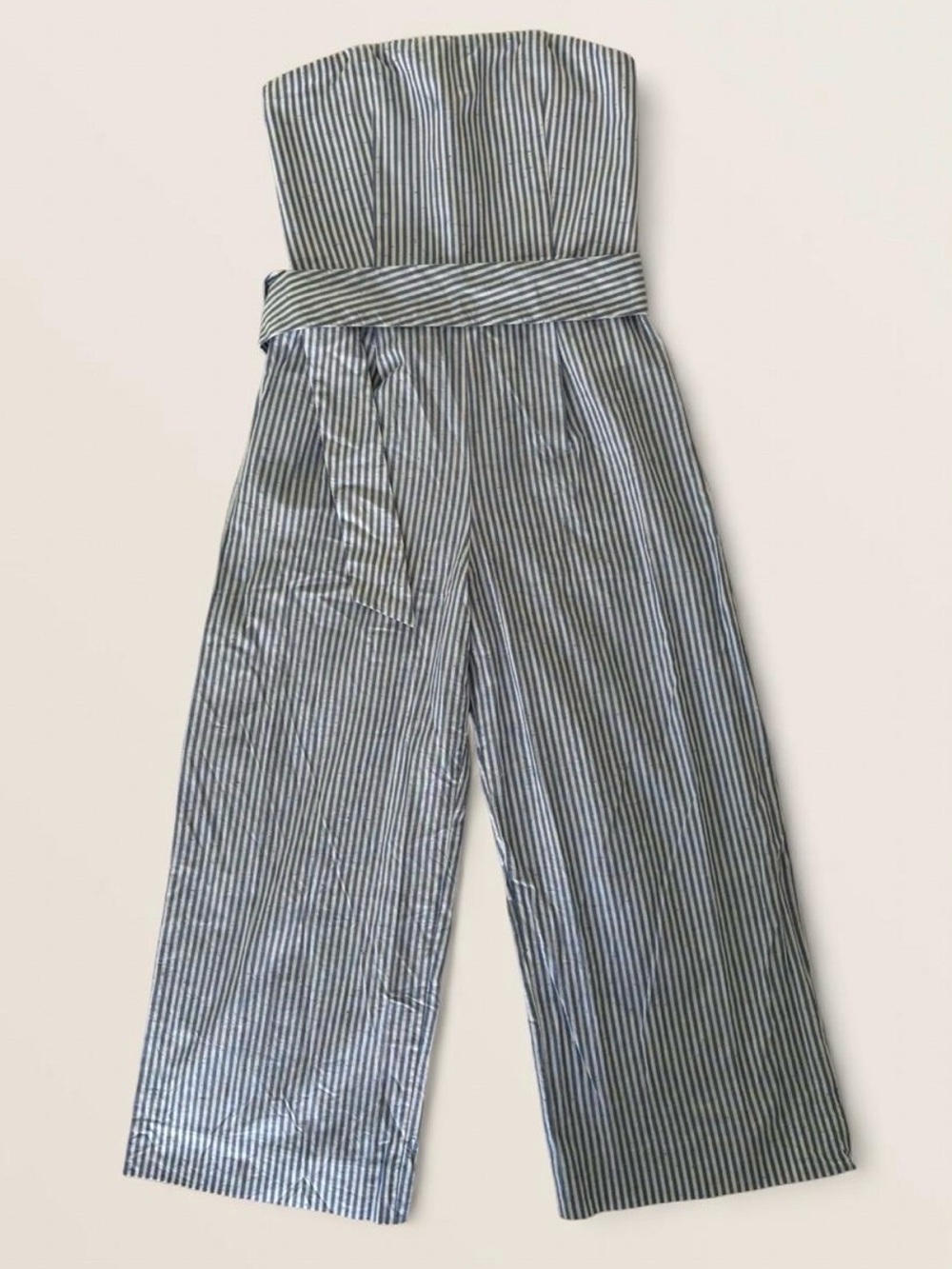 Club Monaco Blue, White, Speckled Belted Striped Strapless Wide-Leg Jumpsuit